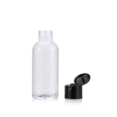 Przezroczyste, wyciskane 100 ml plastikowe butelki Flip Top z czarnymi nakrętkami