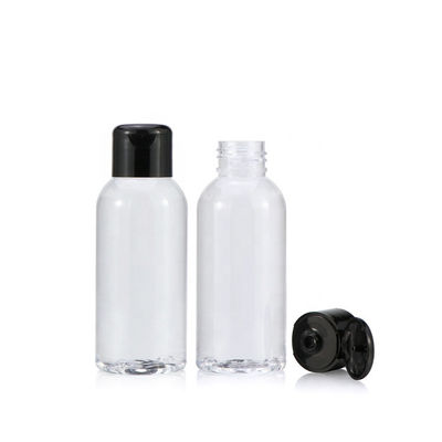 Przezroczyste, wyciskane 100 ml plastikowe butelki Flip Top z czarnymi nakrętkami